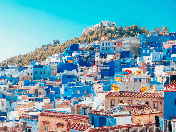View of the blue and white houses in Chefchaouen